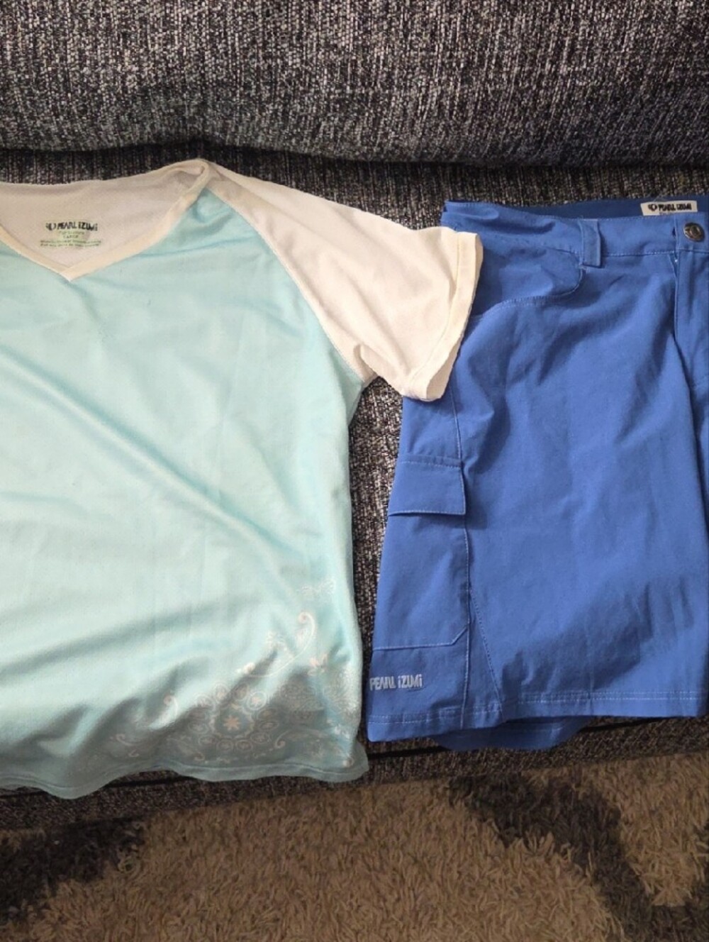Pearl Izumi Women's Light Blue and White Short Sleeve Top With Royal Blue Shorts